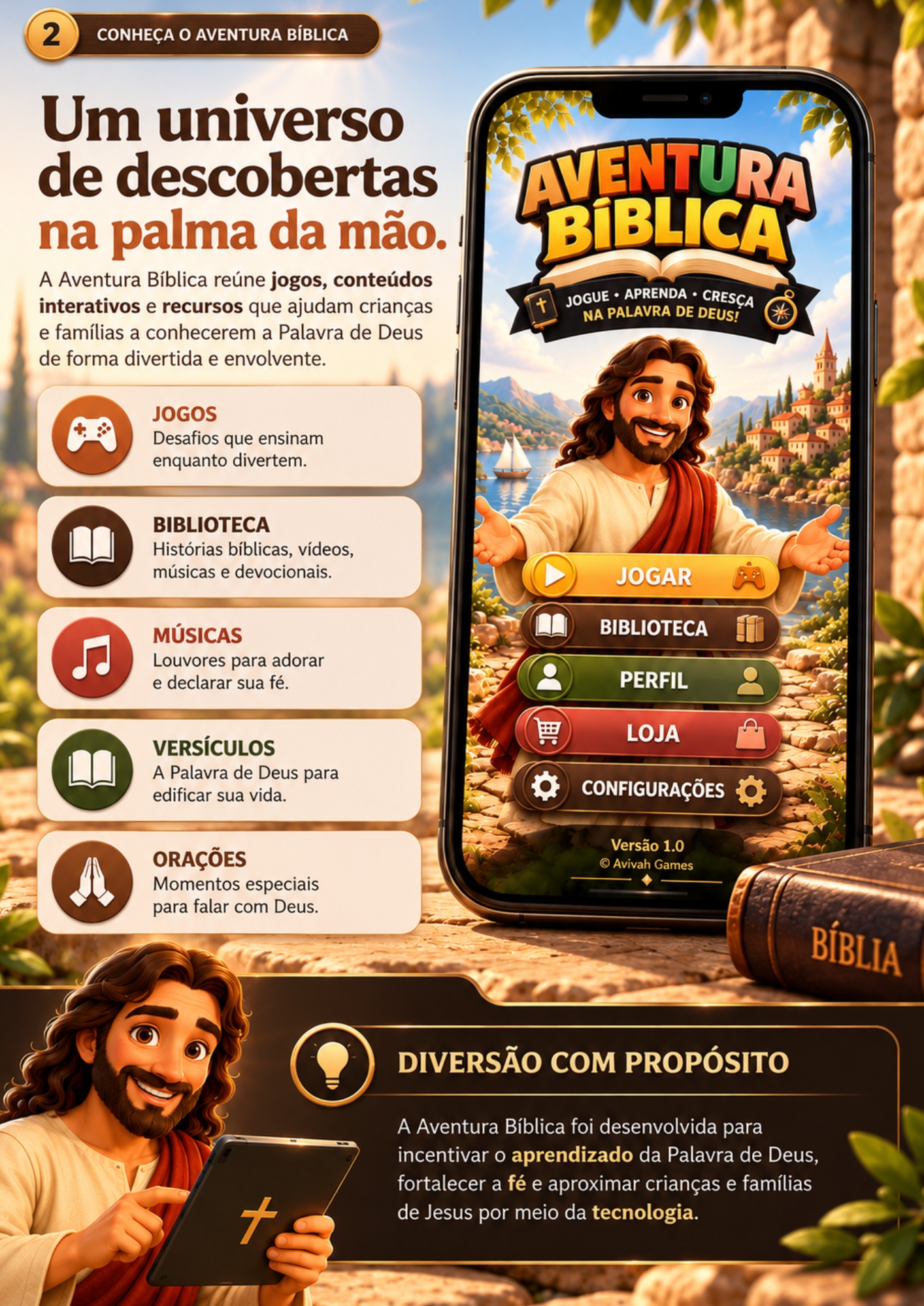 Visão geral dos recursos do aplicativo Aventura Bíblica