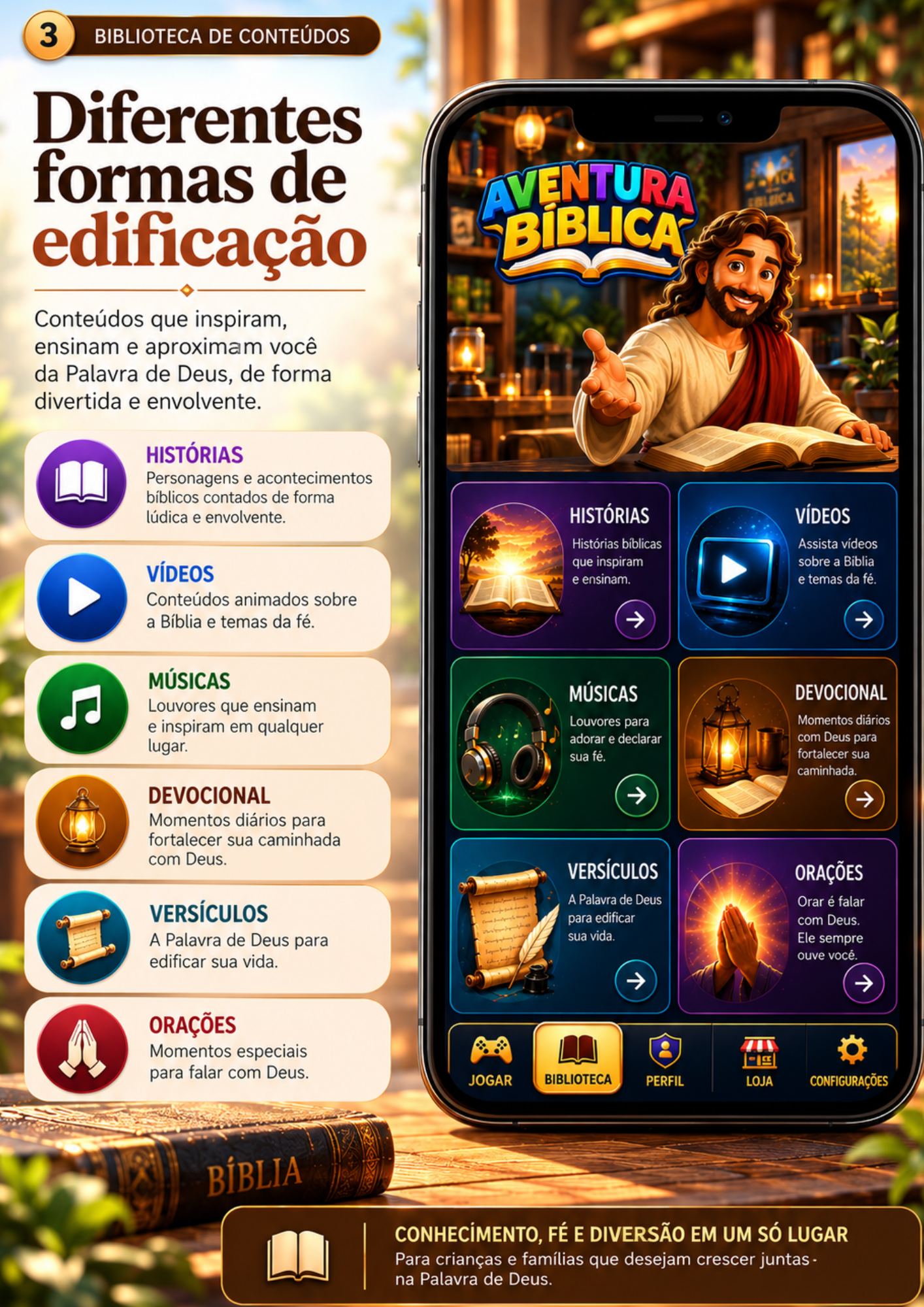 Biblioteca de conteúdos com histórias, vídeos, músicas, devocionais, versículos e orações